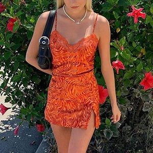 Orange red fire swirl cami mini dress slit lace